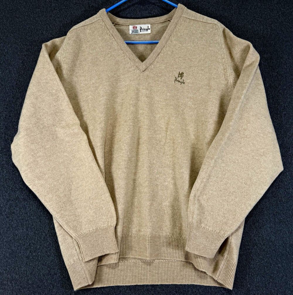 Vintage Pringle of Scotland V Neck Sweater Mens Beige Tan Embroidered Pullover